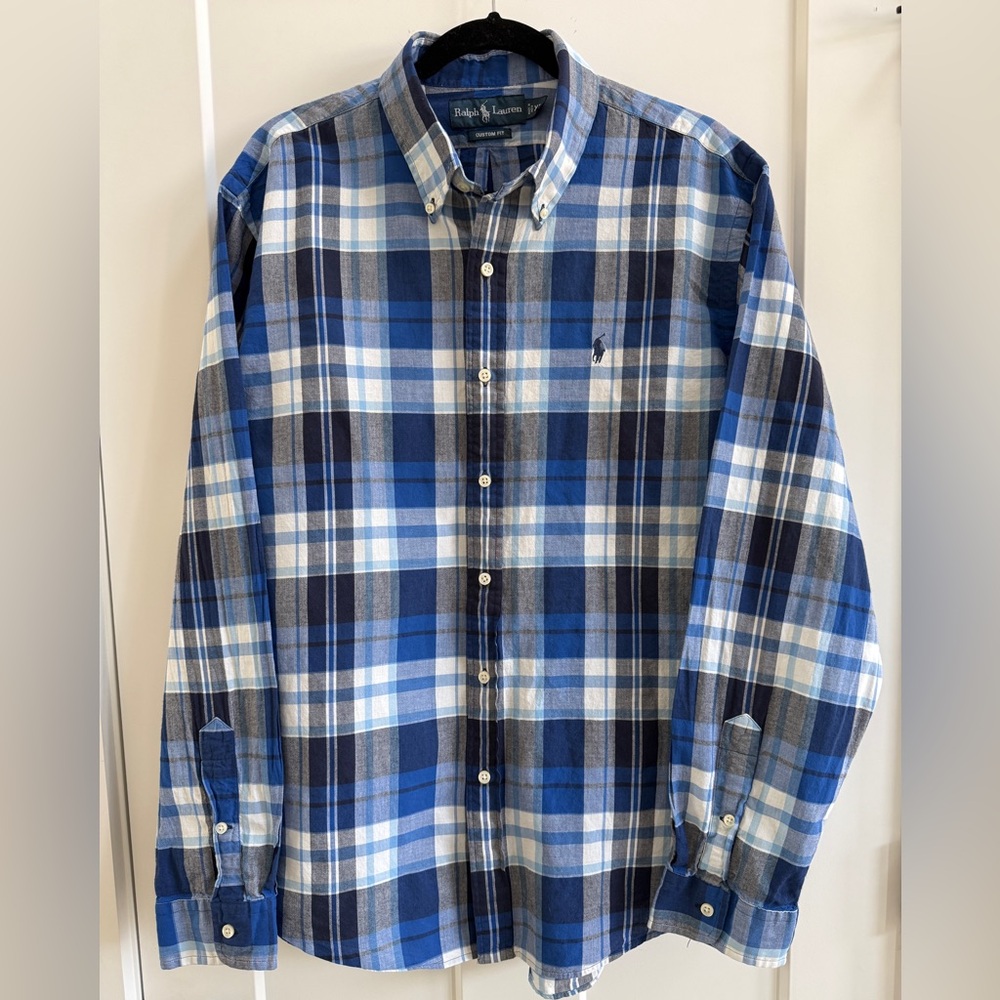 Ralph Lauren Custom Fit Blue Plaid Oxford Button Up Shirt Size XL A9